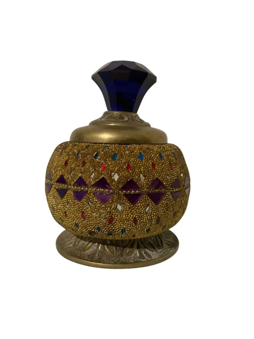 Vintage Gold And Jewel-Tone Mosaic Decorative Trinket Box With Blue Faceted Lid